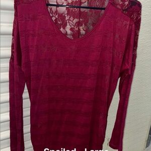 Spoiled Lace V-Neck Long Sleeve Top - Burgundy
